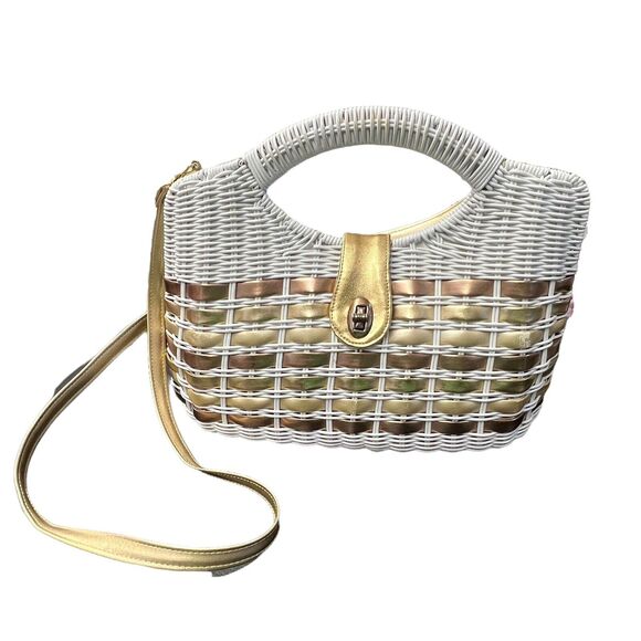 Unbranded Handbags - Vintage White Wicker Handbag With Copper & Gold‎ Faux Leather Stripes